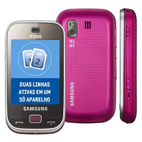 Celular Desbloqueado Samsung Duos Touch Rosa c/ Leitor de Dois Chips, Touch Screen, Câmera 3.2MP, Rádio FM, MP3 Player, Fone, Cabo USB e Cartão 1GB