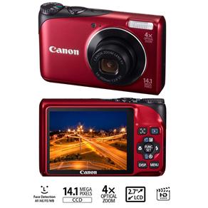 Câmera Digital Canon A2200 Vermelha c/ 14.1 MP, LCD 2.7", Zoom Óptico 4x, Pictbridge, Detector de Faces e Sorrisos