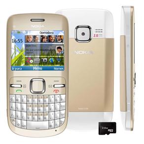 Celular Desbloqueado Nokia C3 Dourado com Câmera 2MP, QWERTY, Wi-Fi, MP3, FM, Bluetooth, Fone de Ouvido e Cartão 2GB - Claro