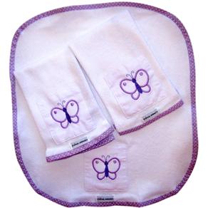 Kit Toalha de Boca Tribeca Esponjinha c/ Borboleta Bordada Lilás/Branco - 3 Peças