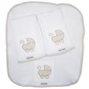 Kit Toalha de Boca Tribeca Esponjinha c/ Carrinho de Bebê Bordado Bege/Branco - 3 Peças