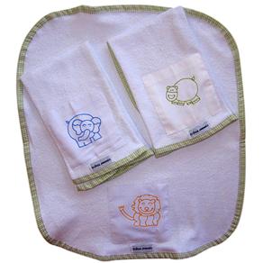 Kit Toalha de Boca Tribeca Esponjinha c/ Animais Pintados à Mão Verde/Branco - 3 Peças