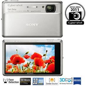 Câmera Digital Sony Cyber-shot DSC-TX100V/S Prata c/ 16.2 MP, LCD OLED 3.5", Foto Panorâmica 3D, Vídeo em Full HD, GPS, Smile Shutter e Face Detection