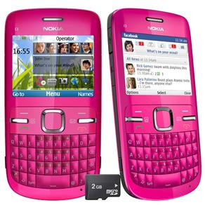 Celular Desbloqueado Claro Nokia C3 Rosa com Câmera de 2MP, QWERTY, Wi-Fi, MP3, FM, Bluetooth, Fone de Ouvido e Cartão 2GB
