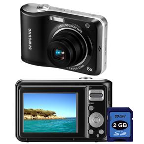 Câmera Digital Samsung ES28 Preta c/ 12.2MP, LCD 2.5", Zoom Óptico 5x, Estabilizador de Imagem e Detector de Faces + Cartão SD 2GB