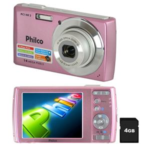 Câmera Digital Philco PC14 Rosa c/ 14MP, LCD 2.7", Zoom Óptico 4x, Vídeo HD, Bateria Recarregável, Detector de Faces e Sorrisos + Cartão 4GB