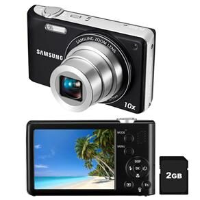 Câmera Digital Samsung PL210 Preta c/ 14.2MP, LCD 3.0", Zoom Óptico 10x, Vídeo em HD (720p), Detector de Faces e Sorrisos + Cartão 2GB