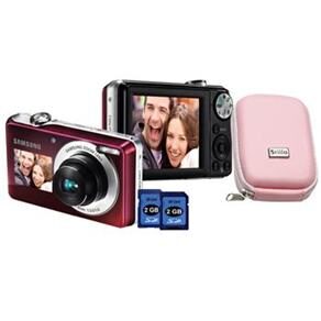 Câmera Digital Samsung EC-PL100ZBPPBR Rosa c/ 12,2 MP, LCD 2,7", Zoom Óptico 3x, Detector de Face e Sorrisos + 2 Cartões 2GB + Bolsa Rosa