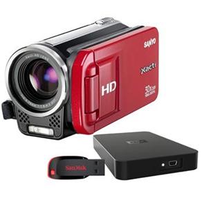 Filmadora Digital Sanyo VPC-TH1 HD Vermelha c/ LCD 3,0" e Zoom Óptico 30x + Pen Drive SanDisk Cruzer Blade 2GB  + HD Externo 120GB Preto
