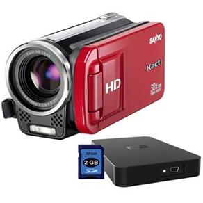Filmadora Digital Sanyo VPC-TH1 HD Vermelha c/ LCD 3,0" e Zoom Óptico 30x + Cartão de Memória PQI SD 2GB + HD Externo 120GB Preto