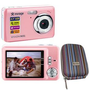 Câmera Digital Mirage Vision DC086 Rosa c/ 14MP, LCD 2.7", Vídeo c/ Áudio, Função Anti-Shake e Bateria de Lítio + Bolsa Stillo Colors 101-10