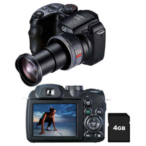 Câmera Digital GE X500 Preta c/ 16MP, LCD 2.7", Zoom Óptico 15x, Detector de Faces e Sorrisos + Cartão de Memória 4GB