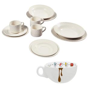 Aparelho de Jantar e Chá Biona Montreal M6387360 - 20 Peças + Tigela de Porcelana Oxford Bolo de Caneca c/ Asa 300ml - Branca/Marrom