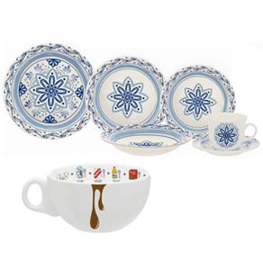 Aparelho de Jantar e Chá Biona Puebla JM386407 - 20 Peças + Tigela de Porcelana Oxford Bolo de Caneca c/ Asa 300ml - Branca/Marrom