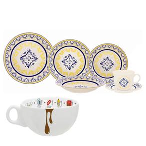Aparelho de Jantar e Chá Biona La Reina J5916408 - 30 Peças + Tigela de Porcelana Oxford Bolo de Caneca c/ Asa 300ml - Branca/Marrom
