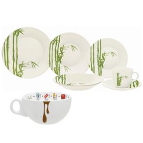 Aparelho de Jantar e Chá Biona Bio M6381516 - 20 Peças + Tigela de Porcelana Oxford Bolo de Caneca c/ Asa 300ml - Branca/Marrom