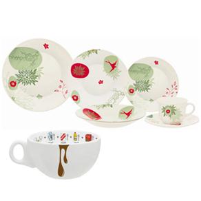 Aparelho de Jantar e Chá Biona Dreams M5901514 - 30 Peças + Tigela de Porcelana Oxford Bolo de Caneca c/ Asa 300ml - Branca/Marrom