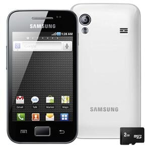 Celular Desbloqueado Samsung Galaxy Ace Preto/Branco Android 2.2, Wi-Fi, 3G, Câmera 5.0, MP3, Touch Screen, Fone de Ouvido e Cartão 2GB