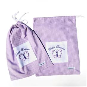 Saquinho Tribeca p/ Roupa de bebê c/ Borboleta Bordada Lilás/Branco - 2 Peças