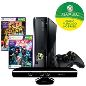 Console Microsoft Xbox 360 com 4GB de Memória + Kinect + Game Kinect Dance Central + Game Kinect Adventures - X360