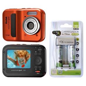 Câmera Digital Kodak Easyshare Sport Vermelha c/ 12 MP, LCD 2,4”, À Prova d’ Água + Carregador DL C25-2 Prata AA/AAA 2500MAH c/ 2 Pilhas AA - Bivolt 
