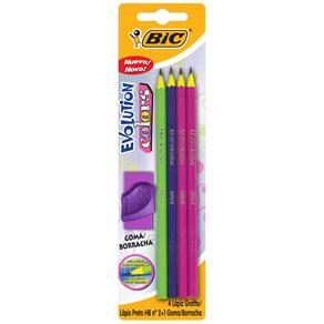 Lápis Preto Bic HB nº 2 Evolution Colors 1106215 + Borracha - 4 Unidades