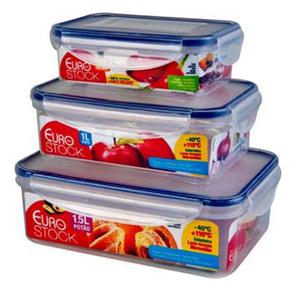 Conjunto de Potes Euro Home Herméticos Retangular Plástico com Tampa Transparente e Borda em Silicone Azul - 3 Peças