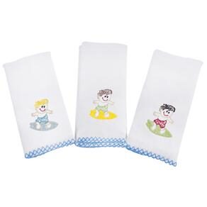 Fralda de Boca Karinho com Surfistas Bordados Branco/Azul - 3 Unidades