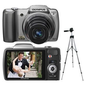 Câmera Digital Olympus Prata c/ 14 MP, Zoom Óptico 18x, LCD 3.0", Detecção de Faces e Pictbridge + Tripé Targus TG5060TR c/ 3 posições - Prata/Preto