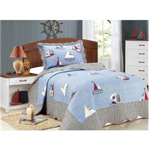Colcha Patchwork Infantil com 1 Porta-travesseiro Camesa Barcos 180 Fios