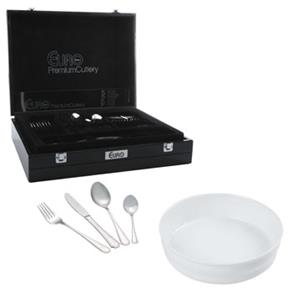 Faqueiro Euro Home FQM706 c/ 101 Peças e Estojo Black Piano + Travessa Refratária Inova Redonda Branca D157073 - 21,5cm