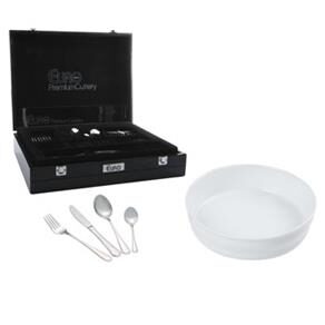 Faqueiro Euro Home FQM706 c/ 101 Peças e Estojo Black Piano + Travessa Refratária Inova Redonda Branca D157074 - 24cm