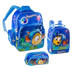 Mochila Pacific Peixonauta Mundo Águas Azul + Estojo Duplo Pacific Peixonauta Mundo das Águas Azul + Lancheira Pacific Peixonauta Mundo das Águas Azul
