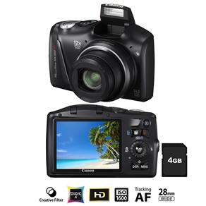 Câmera Canon SX150is Preta com14.1MP, Visor LCD 3.0”,  Vídeo HD, Zoom Óptico 12x, Estabilizador, Detector de Face e Sorriso + Cartão SD 4GB