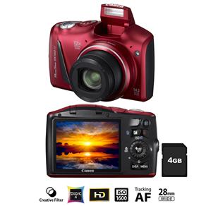 Câmera Canon SX150is Vermelha com 14.1MP, LCD 3.0”,  Vídeo HD, Zoom Óptico 12x, Estabilizador, Detector de Face e Sorriso + Cartão SD 4GB 