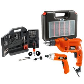 Furadeira Elétrica 3/8" e Parafusadeira à Bateria 3,6V Black&Decker TM505K9036 com Maleta Plástica - 500W + Jogo de Brocas/Pontas Black&Decker