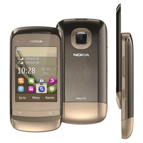 Celular Desbloqueado Nokia C2-06 Dourado Dual Chip com Câmera 2MP, Touch Screen, Rádio FM, MP3, Bluetooth, Fone de Ouvido e Cartão 2GB