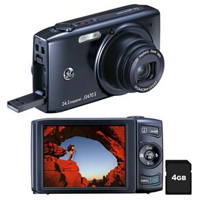 Câmera Digital GE  J1470S Preta c/ LCD 3.0”, 14.1 MP, Zoom Óptico 7x, Lente Super Macro, Foto Panorâmica, Detector de Face e Sorriso + Cartão 4GB