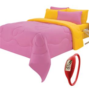 Jogo de Cama Casal Brilhante City Home Verão + Relógio Unissex Digital 4 Fun Ion - Vermelho
