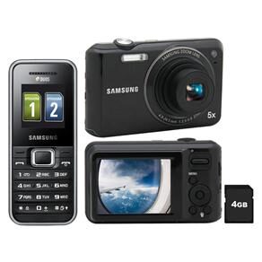 Câmera Digital Samsung ES68/PBBR, Preta c/ 12.2MP, Zoom Óptico 5x,Cartão de Memória 4GB + Celular Desbloqueado Samsung Duos Basic E1182 Preto/Prata