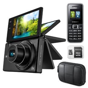 Câmera Digital Samsung MV800 Preta c/ LCD 3”, 16.1MP, Zoom Óptico 5x, Cartão Micro SD 4GB + Celular Desbloqueado Samsung Duos Basic E1182 Preto/Prata