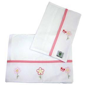 Conjunto de Lençóis para Berço Tribeca com Flores Bordadas Rosa/Branco - 3 Peças