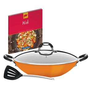 Panela Wok Tramontina Mônaco Laranja 32 cm Com Espátula de Silicone, Tampa de Vidro e Um Exclusivo Livro de Receitas Para Wok - 2 Peças