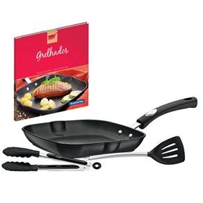 Bistequeira Tramontina Mônaco Preta 24cm Com Utensílios de Silicone e Um Exclusivo Livro de Receitas Para Grelhados - 3 Peças