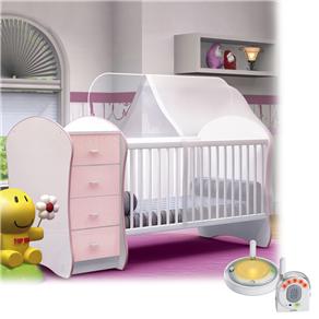 Berço com Cômoda Zanzini Baby Carinhoso - 34900495 - Branco/Rosa + Babá Eletrônica Fisher-Price T2070 