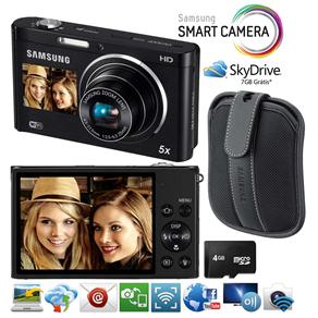 Câmera Samsung DV300 Dual View Preta c/ 16.1MP, LCD 3.0", Zoom Óptico 5x, Wi-Fi, Foto Panorâmica, Vídeos HD, Estabilização de Imagem + Micro SDHC 4GB
