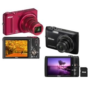 Câmera Digital Nikon Coolpix S9100 Verm c/12.1 MP,Zoom Óptico 18x, LCD 3.0" + Câmera Digital Nikon Coolpix S4100 Preta c/14MP, LCD 3.0"+ Cartão SD 4GB