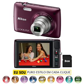 Câmera Digital Nikon CoolPix S4300 Ameixa c/ LCD 3,0”, 16 MP, Zoom Óptico de 6x, Vídeos em HD (720p) e Estabilizador de Imagem + Cartão de 8GB