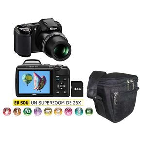 Câmera Digital Nikon Coolpix L810 Preta com 16.1MP, Zoom Óptico 26x, LCD 3", Vídeos HD e Fotos em 3D + Cartão 4GB + Bolsa p/ Câmera Stillo ST110 Preto