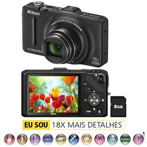 Câmera Digital Nikon Coolpix S9300 Preta c/ LCD 3.0”, 16MP, Zoom Óptico 18x, GPS, Vídeo Full HD, Foto 3D e Panorama + Cartão de 8GB